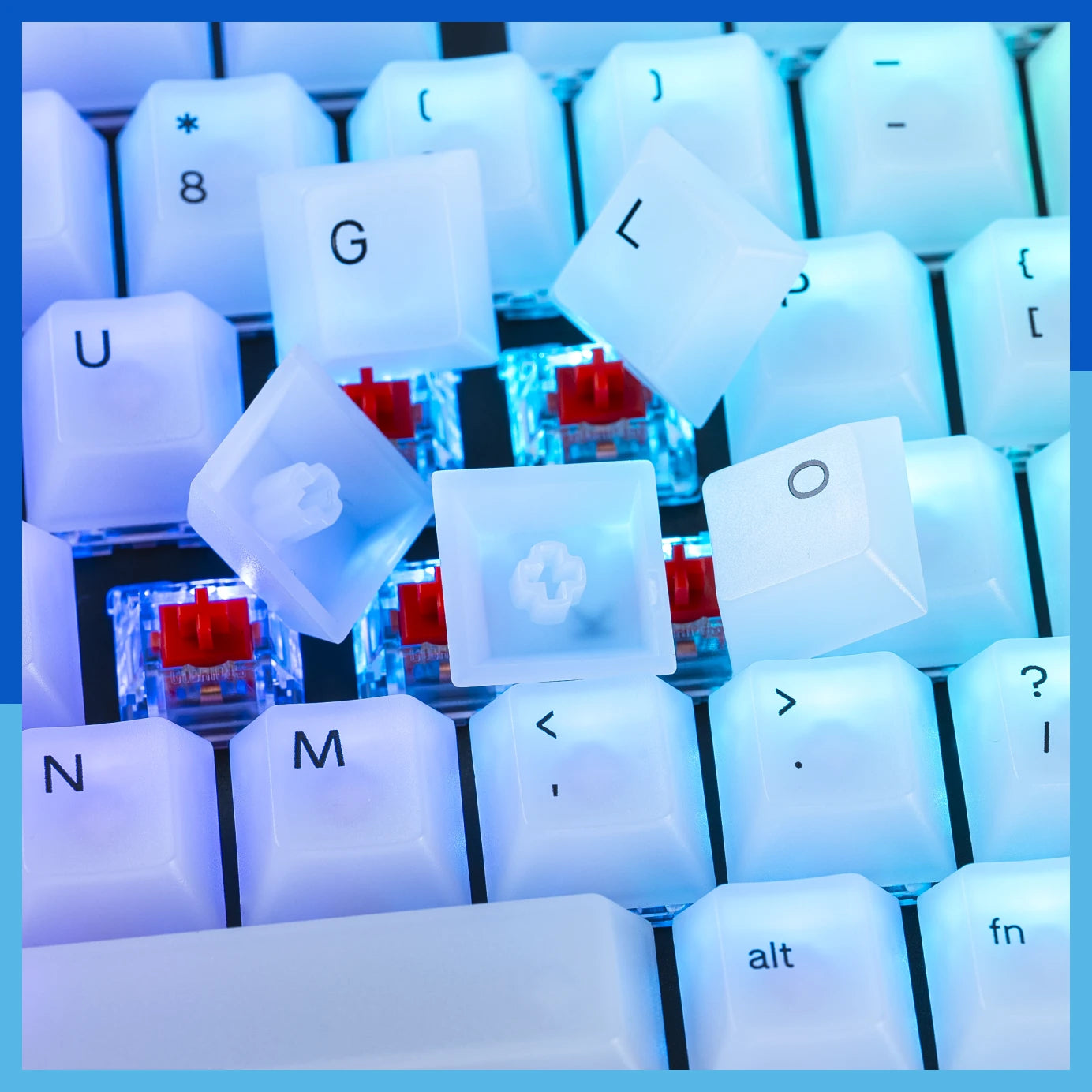 Close up of Polychroma keycaps with some flipped over to show underside of caps